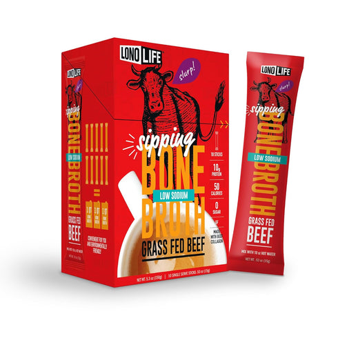 LonoLife Low Sodium Beef Bone Broth Powder Mix | Grass-Fed, 10g Protein | Collagen-Rich, Keto & Paleo Friendly | Natural Ingredients | 10 Portable...