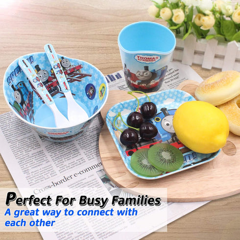 Thomas Transport Fans 5 Pcs Set Cartoon Durable Tableware Meal Dishes Mealtime Food Feeding Eating Set includes Dinner Serving Bowl Plate Cup with...