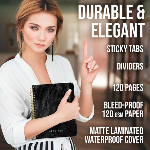 Meeting Notebook with Removable Dividers, Gold Spiral, Hard Cover, Action Items, Back Pocket, 120 Pages...