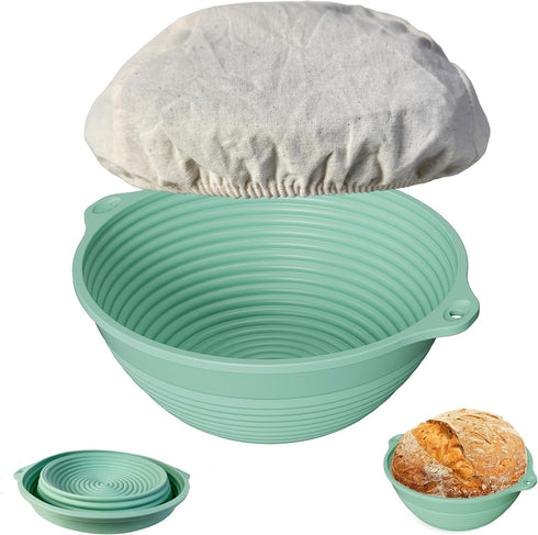 Bread Proofing Basket, 9in Silicone Sourdough Baking Bowl with liner Thick Foldable Reusable Handmade Bread Making Supplies for bakers (Light Gree...