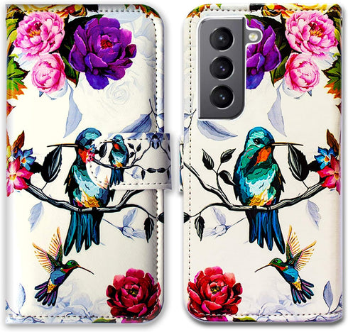 Case for Galaxy S21 5G, Hummingbird in Flowers Bird Leather Flip Phone Case Wallet Cover with Card Slot Holder Kickstand for Samsung Galaxy S21 5G...