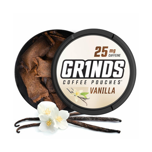 Grinds Coffee Pouches | Tobacco Free, Nicotine Free Healthy Alternative | 3 Cans of Vanilla | 18 Pouches Per Can | 1 Pouch eq. 1/4 Cup of Coffee (...
