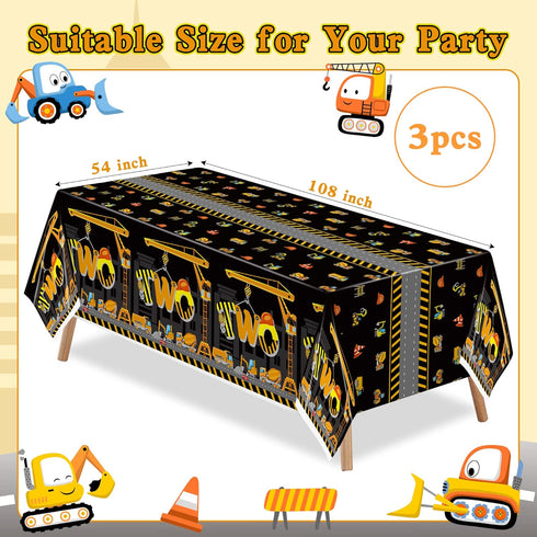 3Pcs Construction Birthday Party Tablecloth Dump Truck Plastic Table Covers for Kid Two 2nd Birthday Table Decorations Construction Theme Disposab...