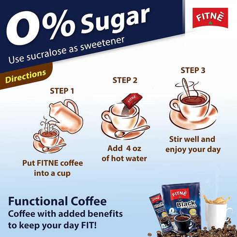 FITNE Instant Black Coffee Packets With Coenzyme Q10 L Carnitine High Antioxidant Low Calories Vegan Non Dairy No Sugar Sucralose Sweetener, 10 St...