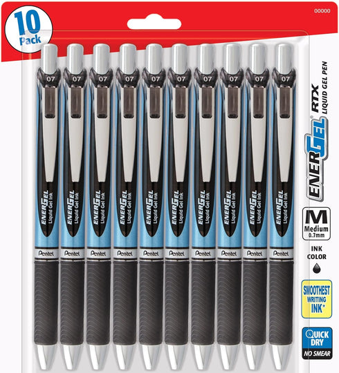 Pentel EnerGel RTX Retractable Premium Liquid Gel Pen, (0.7mm) Needle Tip, Ultra Smooth, Medium Line, Black Ink 10 Pack...