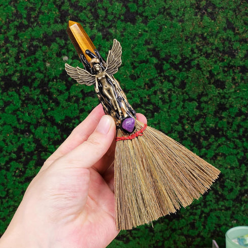 Natural Crystal Magic Sweeper Tiger Eye Tower Broom 7.08"-7.87" Healing Crystal Point Witch Altar Supplies for Crystal Therapy Cleaning Bedroom Of...