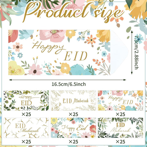 150 Pcs Eid Al Adha Gifts Eid Mubarak Money Envelopes 6.5x2.88 Inch Cash Gift Card Holders Pocket Ramadan Gift Envelopes for Kids Party Supplies E...