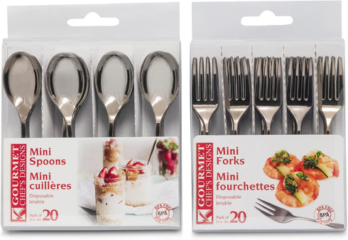 Premium Mini Disposable Silver Plastic Spoons and Forks for Dessert and Appetizers | Small Cocktail Spoon and Fork Serving Set (40 Piece Bundle) |...