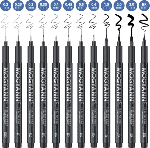 Mogyann Drawing Pens Black Art Pens for Drawing 12 Size Waterproof Ink Pens for Artists Sketching, Manga, Writing...