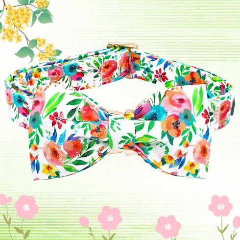 Dog Collar Flowers Print Pet Collar Soft Cute Dog Collar with Bow Tie Adjustable Metal Buckle Collar Gift Collar for X-Large Dogs...