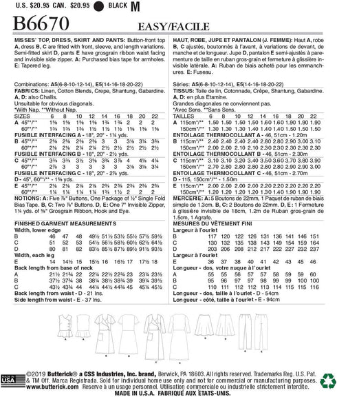 Butterick B6670E5 Easy to Sew Women's Top, Dress, Pants, and Skirt Sewing Patterns Sizes 14-22...