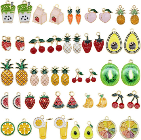 JJG 48pcs Gold Plated Enamel Cherry Lemon Drinks Dainty Dangle Fruits Charms Pendant for Earrings Jewelry Making Necklace Bracelet Craft Findings...