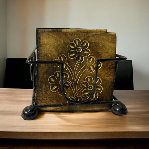 Wooden Tea Coffee Coasters Black Iron Metal Holder Storage-Centerpiece for Table-Home and Office Decor-Perfect, TW002, Brown...