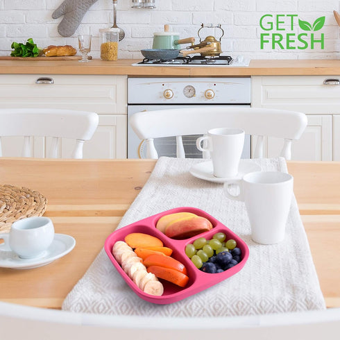 GET FRESH Bamboo Kids Divided Plates Set – 2-Pack 3 Compartment Bamboo Childrens Plates for Kids Meals – Reusable Bamboo Toddler Divided Plates Se...