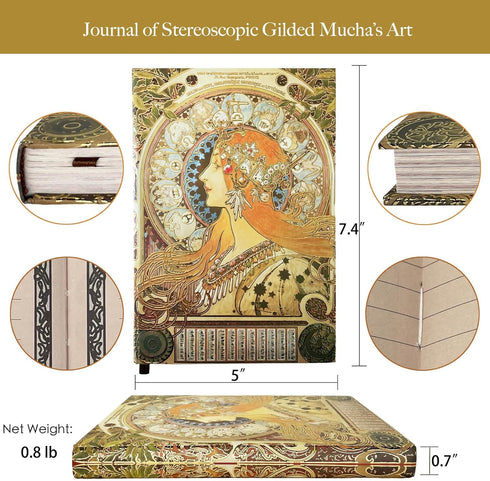Exclusive Personal Journal for Women, Gilded Hardcover Notebook, 256 Full Color Pages, 5x7 Small Fancy Notebook, Alphonse Mucha Zodiac, Unique Gif...