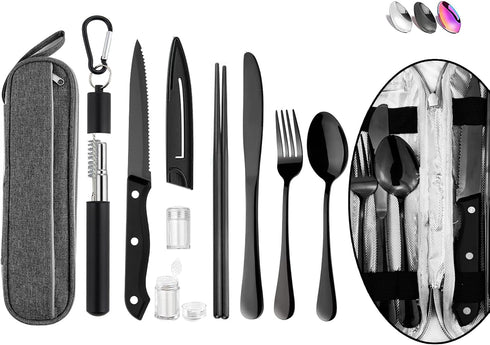 Hommaly Portable Travel Reusable Utensils Silverware with Case,Travel Camping Cutlery set,Chopsticks and Straw Flatware, Stainless steel Utensil s...