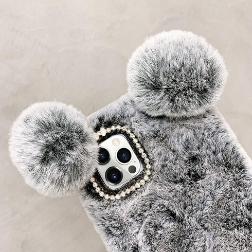 LUVI for iPhone 12 Pro Max Plush Furry Case Fuzzy Fluffy Ball Rabbit Faux Fur Hair Cute Cartoon Bear Ear with Bling Glitter 3D Diamond Bowknot Cam...