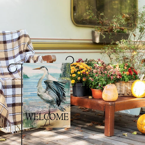Welcome Spring Summer Seabird Coastal Beach Small Decorative Garden Flag, Blue Heron Yard Bird Sea Lake Ocean Home Outside Decoration, Nautical Tr...