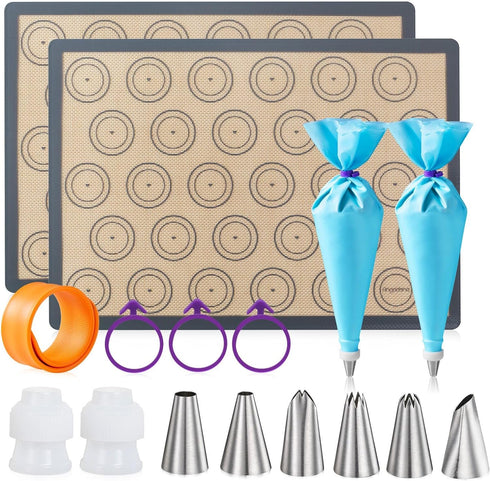 Angadona Macaron Silicone Baking Mats Kit (16pcs set) Macaroon Baking Mat Set of 2 Half Sheet Macaron Silicone Mat Nonstick Macaron Mat Sheet,6 Pi...