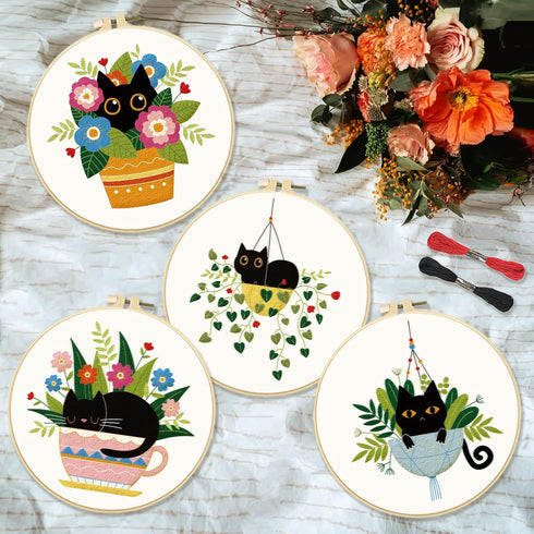 INFUNLY 4 Pack Embroidery Starter Kit Black Cat Cross Stitch Kit with Instructions DIY Beginner Plant Embroidery Set with Plastic Embroidery Hoops...