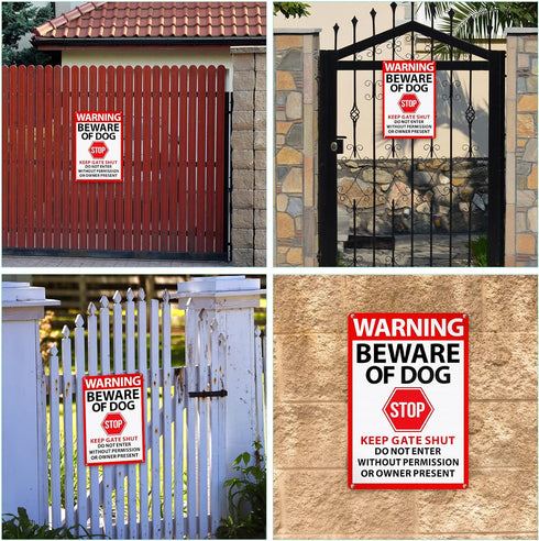 Blulu 4 Pcs Warning Beware of Dog Sign 10 x 7 Inch Do Not Enter Metal Signs No Trespassing Dog Sign Stop Keep Gate Closed Sign for Fence Door Gate...