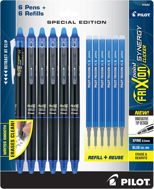 PILOT Frixion Synergy Clicker Erasable Pens, Retractable and Refillable, 0.5mm Extra Fine Point, 6 Pack of Blue Ink Pens + 6 Refills...