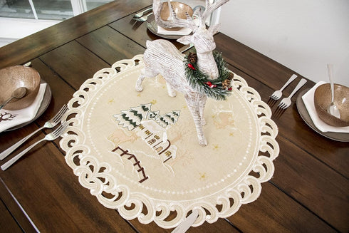 Linens, Art and Things Embroidered Rustic Beige Christmas Winter Snow Scene Round Doily, Placemat, Small Table Topper (24 Inch Round)...