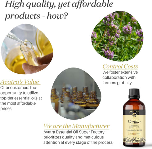 Avatra Vanilla Essential Oil for Diffuser, Skin, & Aromatherapy | Natural & Undiluted Oil for Soap & Candle Making | Long Lasting Scent- 3.38 Fl O...