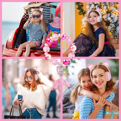 Wireless Headphones for Kids, Cat Ear LED Light Up Bluetooth Kids Headphones with Microphone for School/Travel/Sports/Gaming/Gifts/Christmas (Pink...