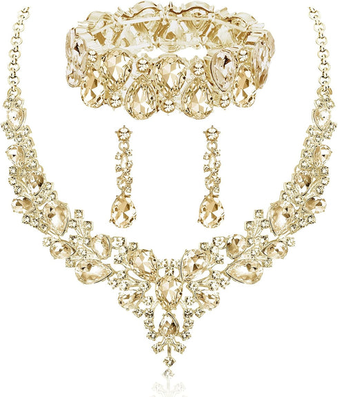 Rhinestone Bridal Jewelry Sets for Women Crystal Necklace Earrings Bracelet Set Silver-Tone Wedding Bridal Bridesmaid Gifts fit with Wedding Dress...