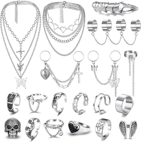 Sanfenly Punk Chain Rings+ Layered Chain Necklace Set for Women Men, Cool Goth Punk Vintage Stackable Open Finger Rings Statement Pendant Choker N...