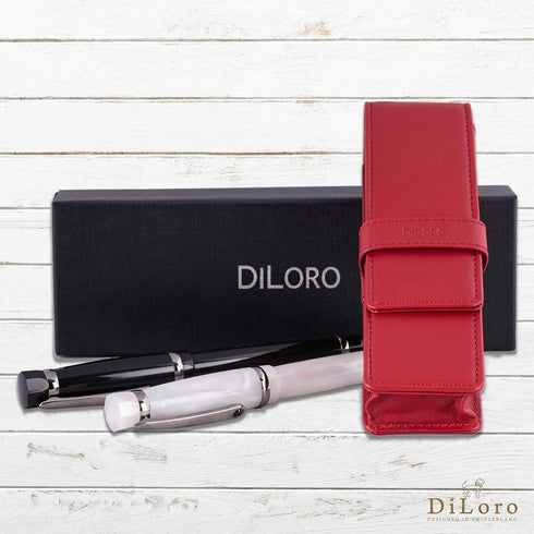 Leather Double Pen Case Pencil Pouch Holder for Two Fountain Ballpoint Rollerball Pens and Pencils (Red)...
