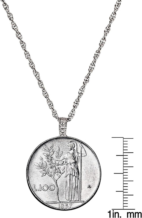 American Coin Treasures Italian Lire Coin Pendant Necklace - L.100 Jewelry Lira Coin from Italy for Collectors with Silvertone Chain & Lobster Cla...