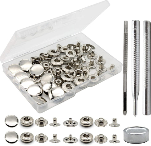 Raydodo 12 Set Leather Snap Fasteners Kit, 15mm Metal Snap Buttons Kit Press Studs with 4 Install Tools, Rivets and Snaps for Clothing, Jeans, Jac...