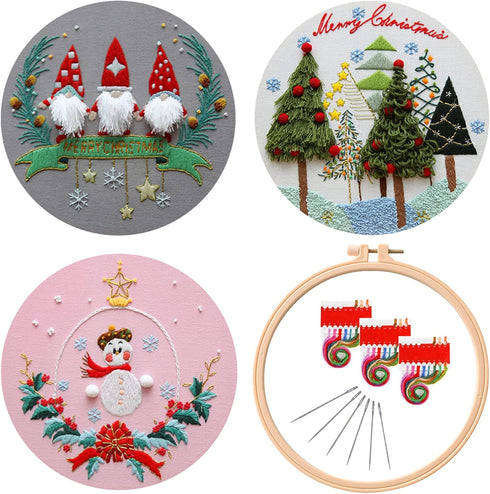 Feltsky 3 Pack Christmas Embroidery Kits for Beginners with Pattern, Cotton Threads, Needles, Instruction, 20cm Hoop - Gift for Mom, Grandma...