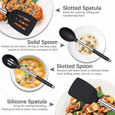 Silicone Spatula Spoon, 4 Pack Silicone Solid Turner Slotted Spatula and Kitchen Silicone Spoons Set for Cooking Baking, Heat Resistant BPA Free B...