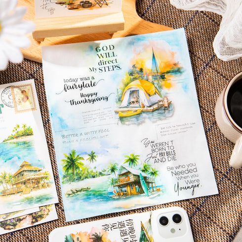 Yoksas Travel Sea Beach Nature Outdoor Watercolor Scenery Stickers - 180Pcs Waterproof Clear Adventure Camping Scrapbook Stickers for Junk Journal...