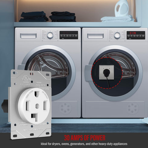 ENERLITES 66300 30 Amp Electrical Dryer Outlet | NEMA 14-30R, Outdoor/Indoor, Flush Mount Receptacle, 3-Pole, 4 Wire, (10,8,6,4) AWG, Industrial Grade, 125/250V, 66300-W | White, 1 Pack