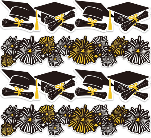 Whaline 69Ft Graduation Bulletin Board Border Graduation Cap Firework Shape Decoration Borders Black Gold White Graduation Bulletin Board Stickers...