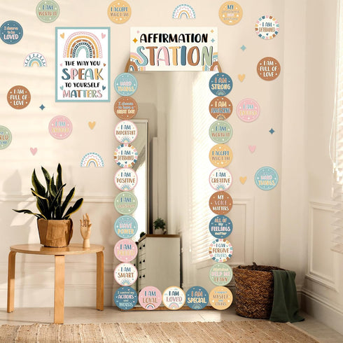32 PCS BOHO Affirmation Station Bulletin Board Set Positive Posters for Classroom Growth Mindset Decorations Inspirational Motivational Accent Cut...