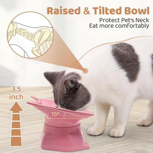 Small Elevated Slow Feeder Cat Bowl, Cute Tilted Elevated Bowls and Dishes for Cats & Small Dogs, Whisker Friendly, Anti Vomiting Raised Pet Bowl ...