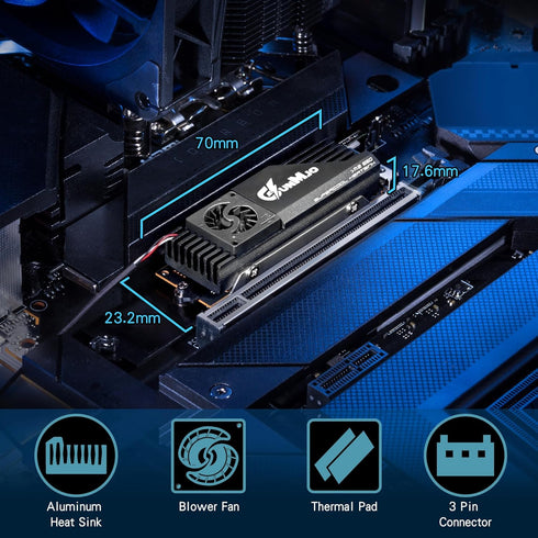 GUNMJO M.2 2280 SSD Heatsink, 20mm Built-in Cooling Fan, Aluminum Plate-Fin Design, with Thermal pad for AI and Gaming PC, Black...
