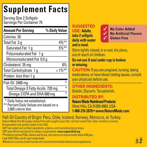 Nature Made Fish Oil 1200 mg Softgels, Fish Oil Supplements, Omega 3 Fish Oil for Healthy Heart Support, Omega 3 Supplement with 150 Softgels, 75 ...