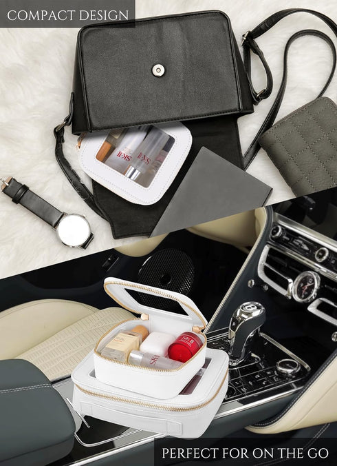 Mini Clear Makeup Bag - White Leather Makeup Pouch for Travel & School, Small Toiletry Bag for Purse & Backpack, Waterproof Square Organizer with ...