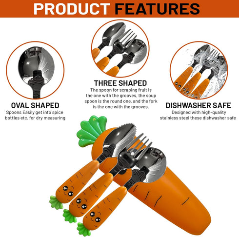 Baby Spoons with Fork | 3 Pcs Easy Grip Baby Cutlery Set with Case | Stainless Steel Toddler Utensils | Carrot Shaped Kids Silverware | Children's...