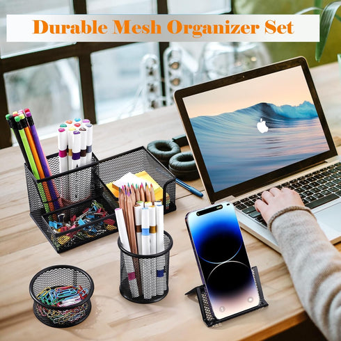 Desk Organizers and Accessories Set, Mesh Pen Holder,Office School Home Desktop Supplies for Clip Phone Sticky Notes,Mail, Caddy Storage Baskets(B...