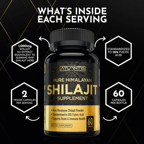 Shilajit Supplement - Pure Himalayan Authentic Shilaijt Resin Capsules Formulated with 20% Fulvic Acid - 10:1 Extract 10,000mg Extra Strength - Ma...