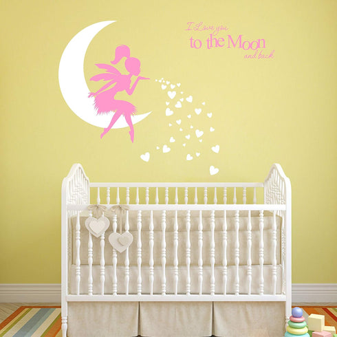Fairy Wall Decal, I Love You to The Moon and Back, Fairy Wall Sticker for Girl, Kids Bedroom Wall Decals, Nursery Decor(A19) (Soft Pink,White)...