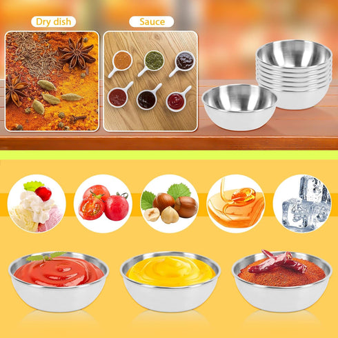 BILLIOTEAM 6 Pcs Stainless Steel Sauce Dishes, Round Seasoning Bowls, Mini Appetizer Plates, Sushi Dipping Bowl Mixing Saucers (3.15 x 1.18 Inch)...