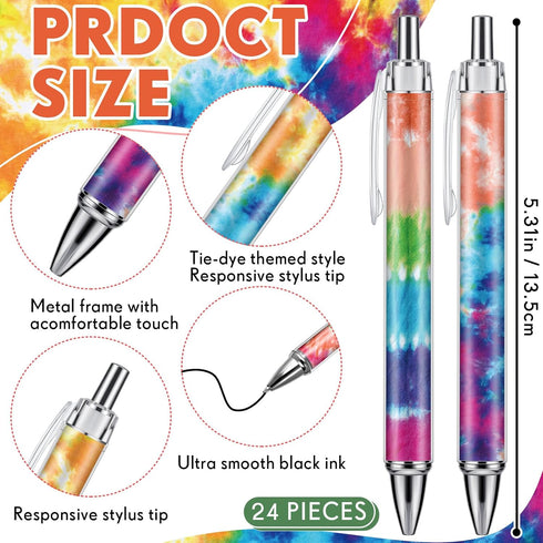 24 Pcs Tie Dye Ballpoint Pens Black Ink Pens 1.0 mm Fine Point Smooth Writing Retractable Reusable Pens for Office School Party Note Taking Journa...